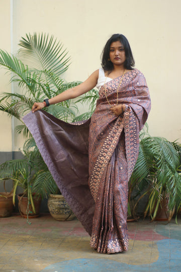 Hand Embroidered Printed Silk Saree